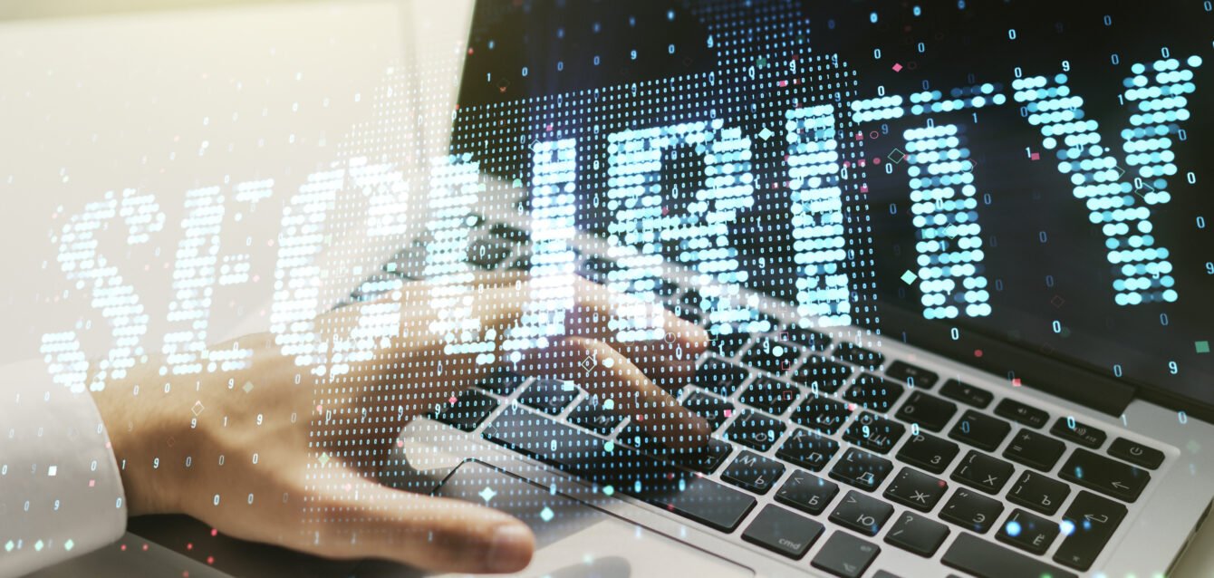 Cyber security creative concept with hands typing on computer keyboard on background. Double exposure