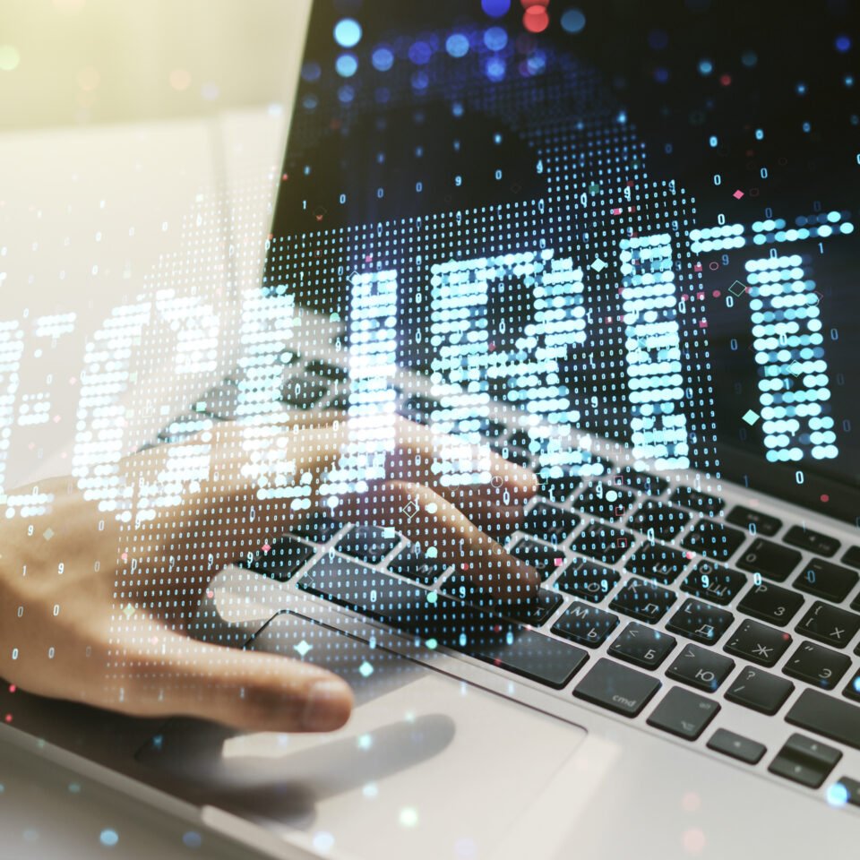 Cyber security creative concept with hands typing on computer keyboard on background. Double exposure