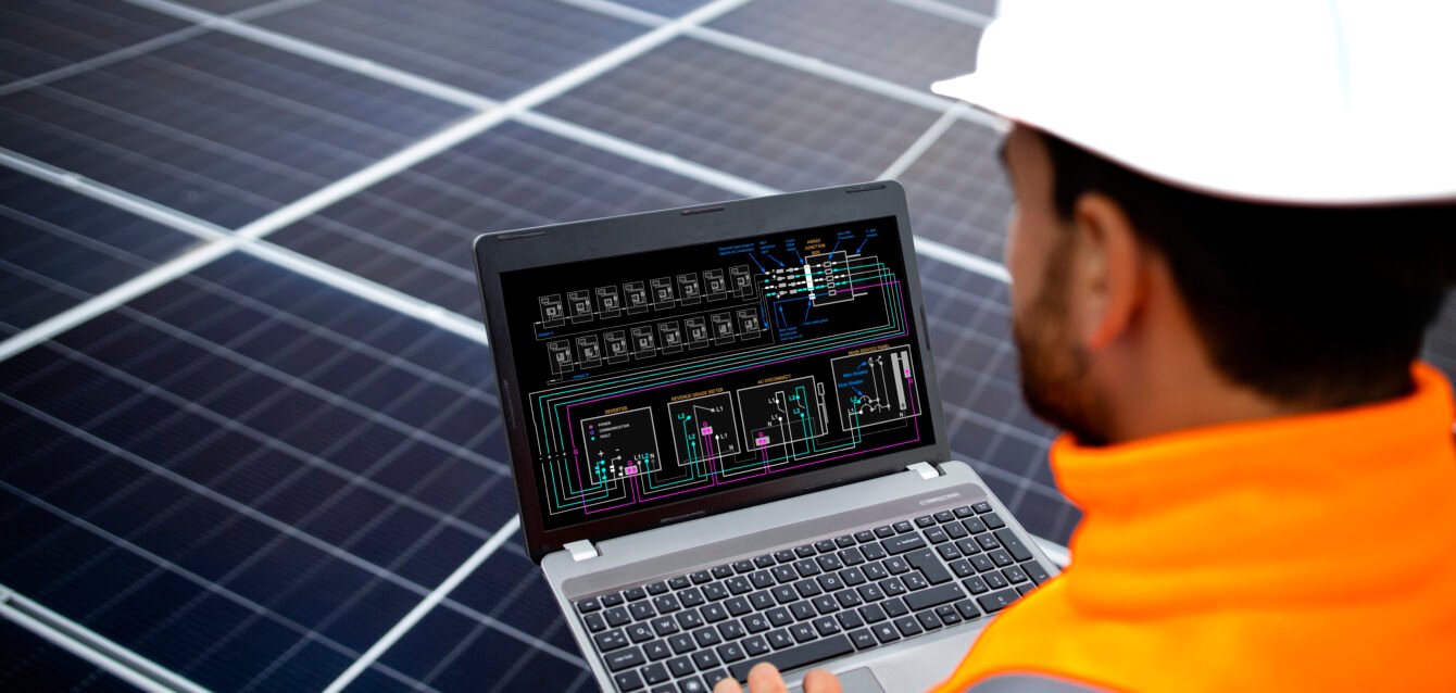 Solar panels installation for sustainable energy. Electrical engineer holding laptop computer with solar panels scheme and checking productivity.