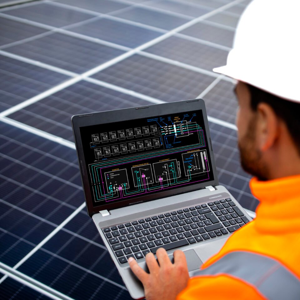 Solar panels installation for sustainable energy. Electrical engineer holding laptop computer with solar panels scheme and checking productivity.