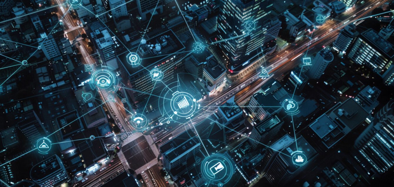 A vibrant cityscape at night overlaid with neon digital brain an