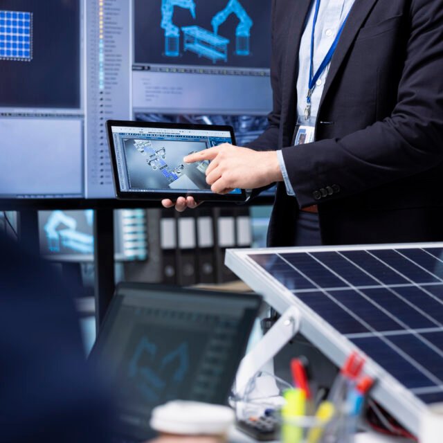 Investors examine solar panel surface using tablet, discussing design efficiency