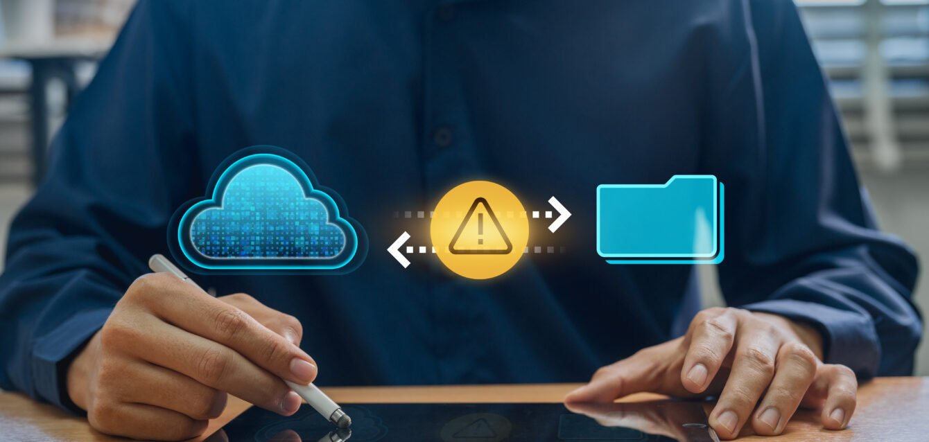 Interactive Cloud File and Folder Transfer with Warning Notifications, Emphasizing Data Security, Encryption, and Backup Solutions for Effective Cyber Risk Management.