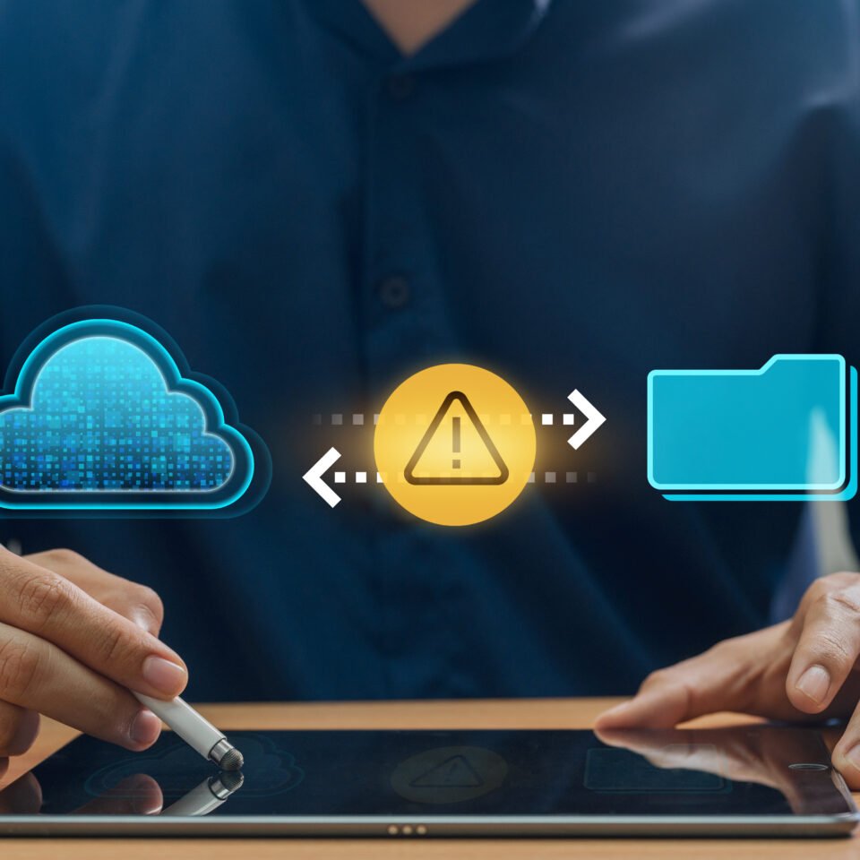 Interactive Cloud File and Folder Transfer with Warning Notifications, Emphasizing Data Security, Encryption, and Backup Solutions for Effective Cyber Risk Management.
