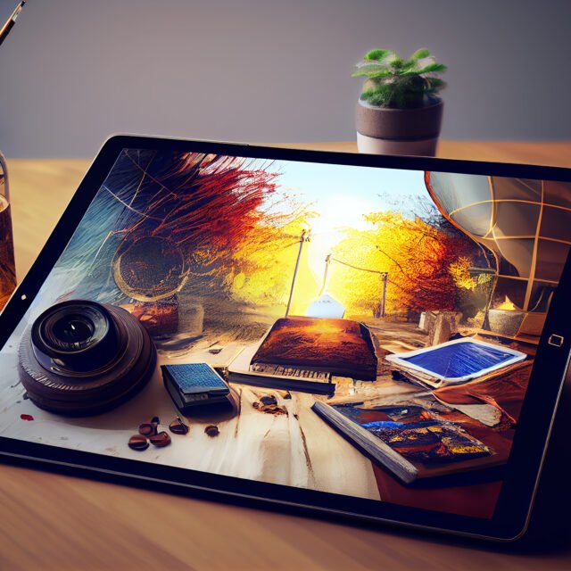 tablet modern technology on a wooden desk indoors ,generative AI